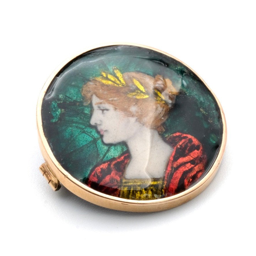Broche Or Art Nouveau Femme En émail Signée P. Bonnaud 1902-photo-3