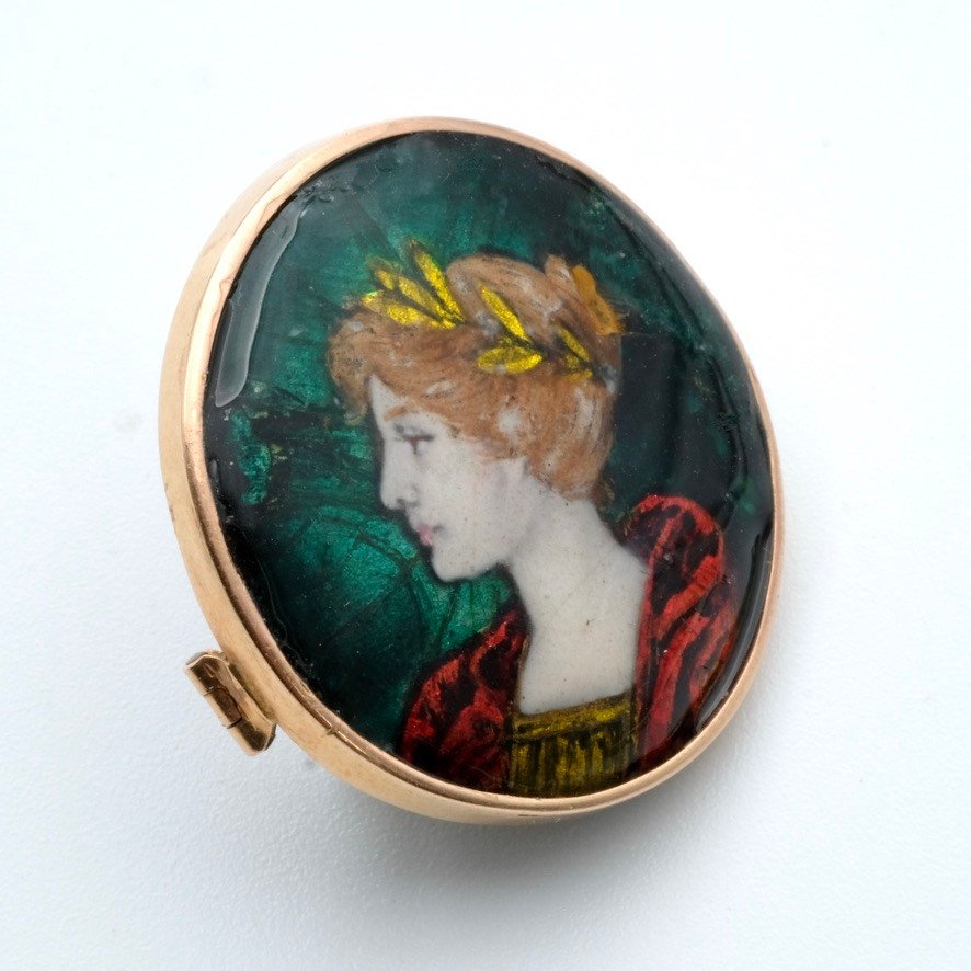 Broche Or Art Nouveau Femme En émail Signée P. Bonnaud 1902-photo-4