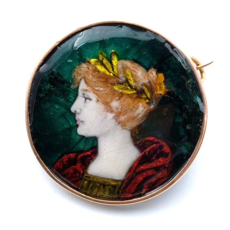 Broche Or Art Nouveau Femme En émail Signée P. Bonnaud 1902-photo-1