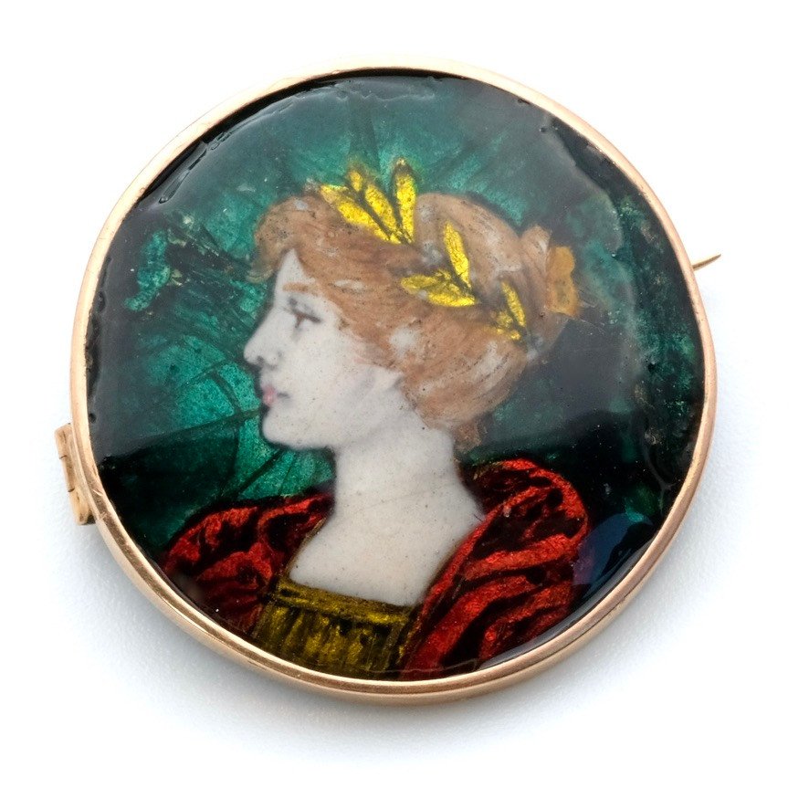 Broche Or Art Nouveau Femme En émail Signée P. Bonnaud 1902