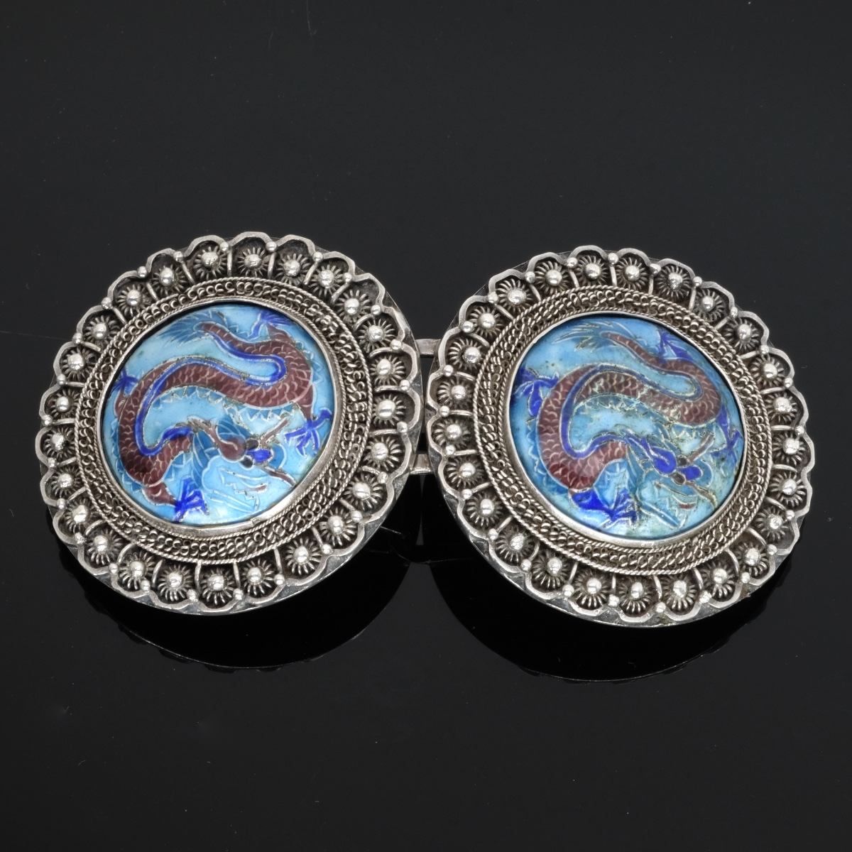 Parure 1920 Dragons Boucle De Ceinture Et Broche Argent Et émail-photo-3