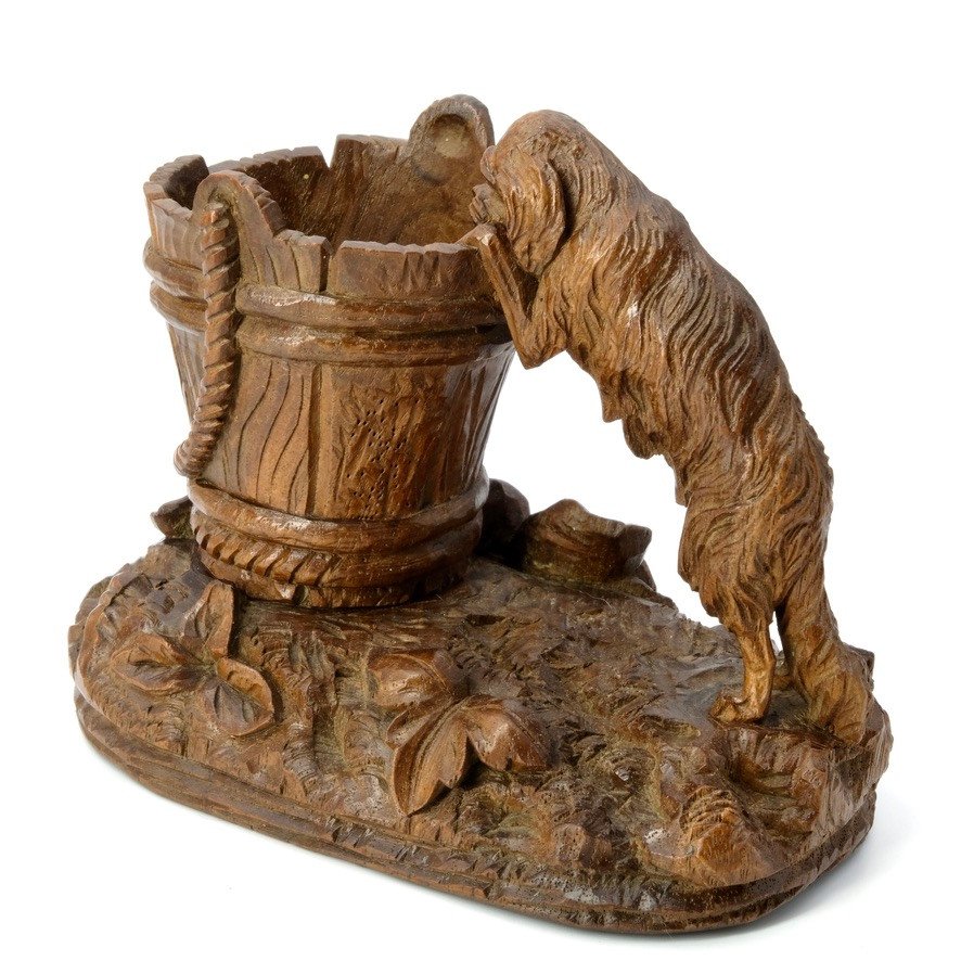 Pyrogen Carved Wood Dog "black Forest" 19th Century-photo-2