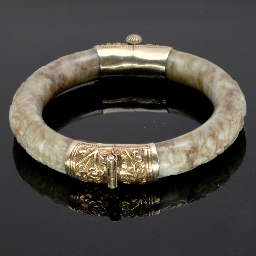 Large Antique Carved Brown Jade Bracelet Vermeil Setting-photo-2