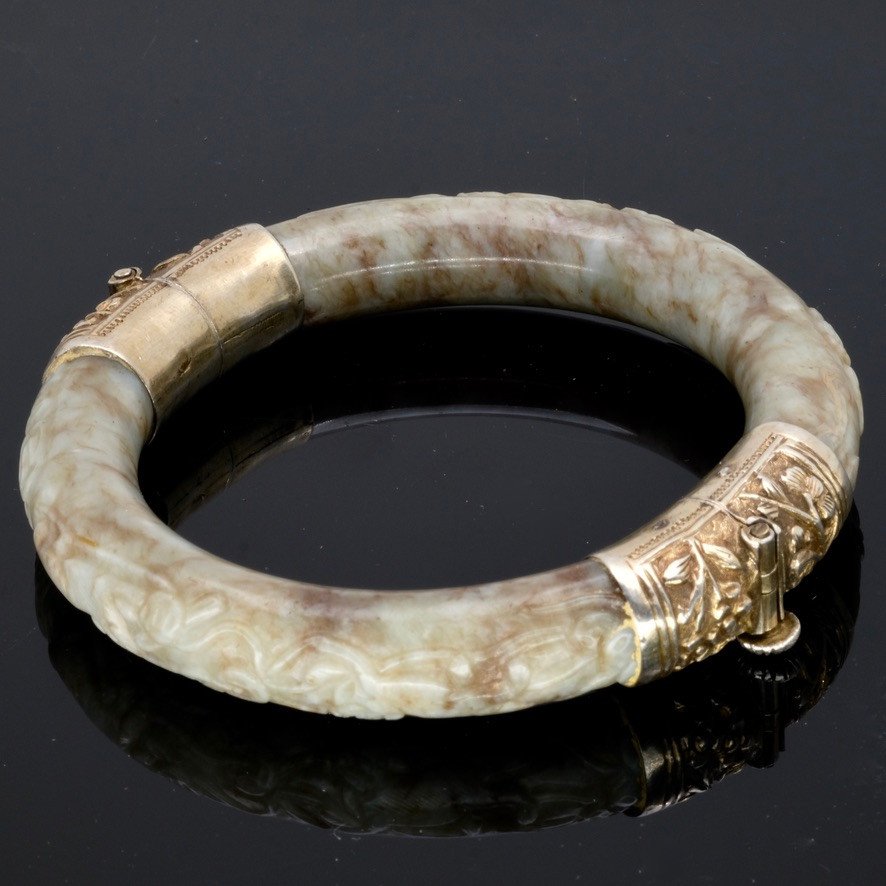 Large Antique Carved Brown Jade Bracelet Vermeil Setting-photo-3