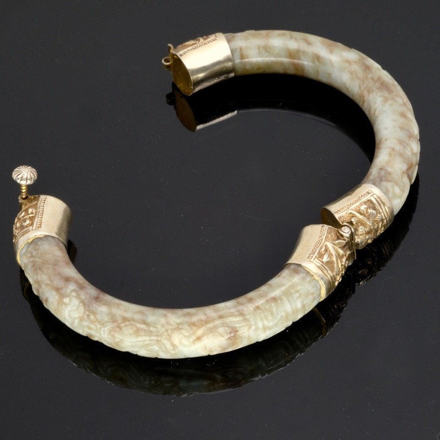 Large Antique Carved Brown Jade Bracelet Vermeil Setting-photo-1
