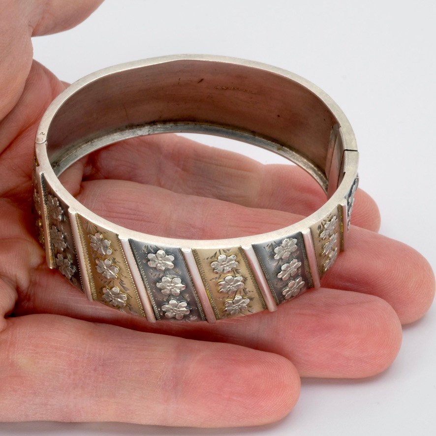 Opening Bangle Bracelet In Silver And Vermeil Flowers, 1900s-photo-4