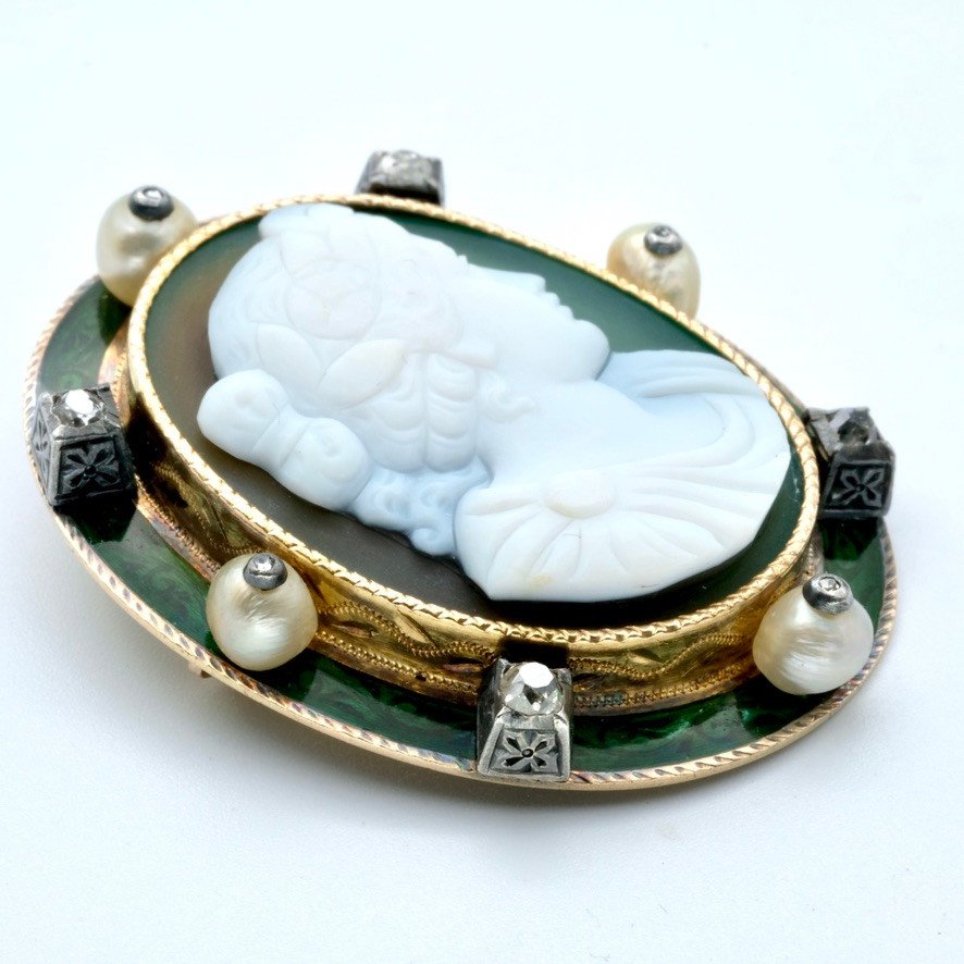 Broche 1900 Or Camée Agate émail Perles Et Diamants.-photo-4