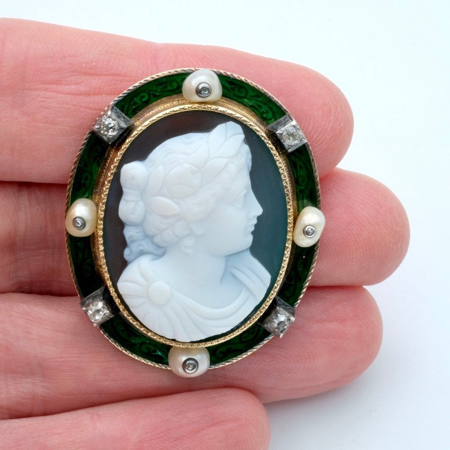 Broche 1900 Or Camée Agate émail Perles Et Diamants.-photo-6