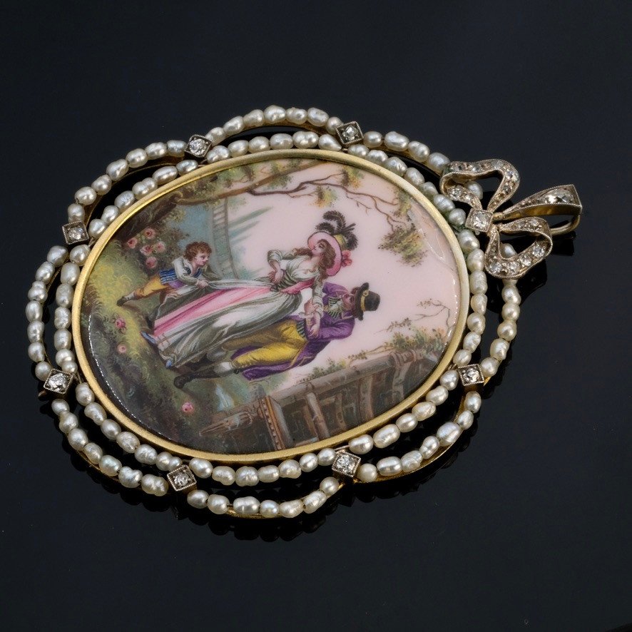  Enamel Pendant Diamonds And Pearls, Vermeil, Belle Epoque-photo-3