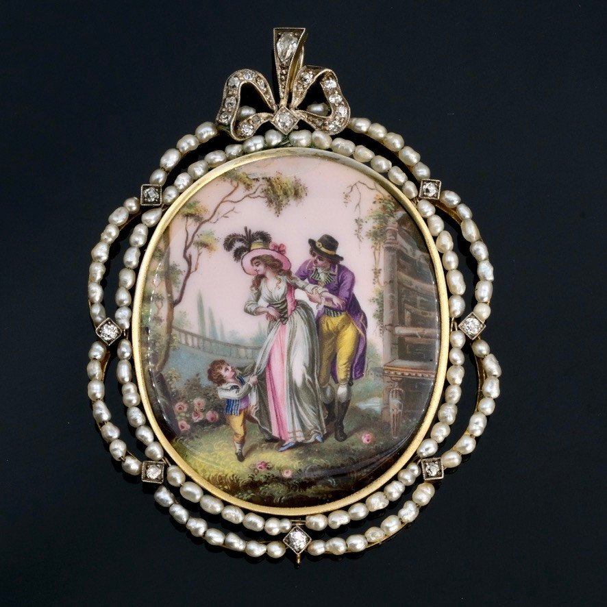  Enamel Pendant Diamonds And Pearls, Vermeil, Belle Epoque