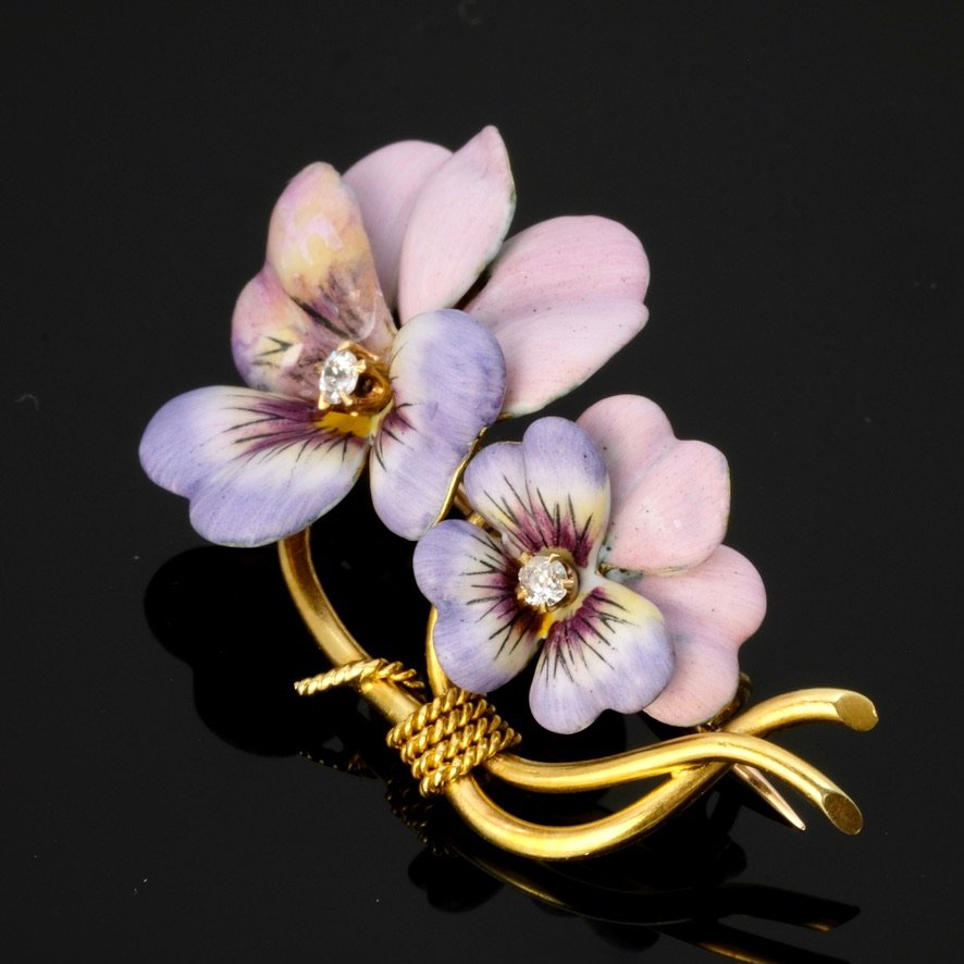 Broche Printani&egrave;re Pens&eacute;es &eacute;mail Diamants Et Or Belle &eacute;poque 1910-photo-2