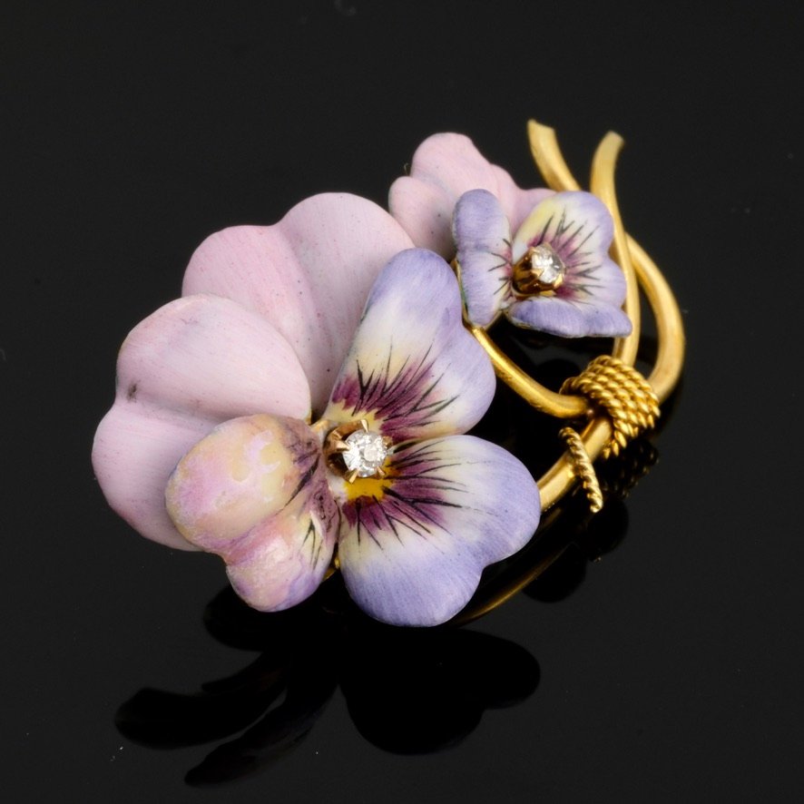 Broche Printani&egrave;re Pens&eacute;es &eacute;mail Diamants Et Or Belle &eacute;poque 1910-photo-3
