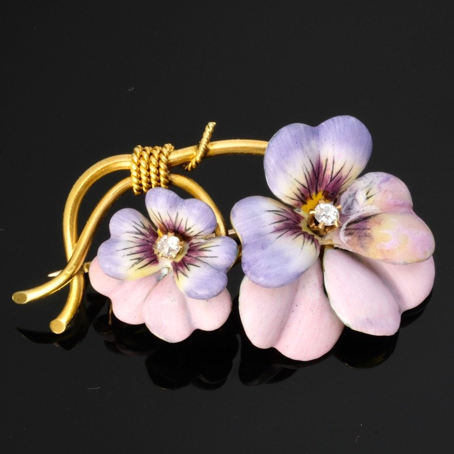 Broche Printani&egrave;re Pens&eacute;es &eacute;mail Diamants Et Or Belle &eacute;poque 1910-photo-4