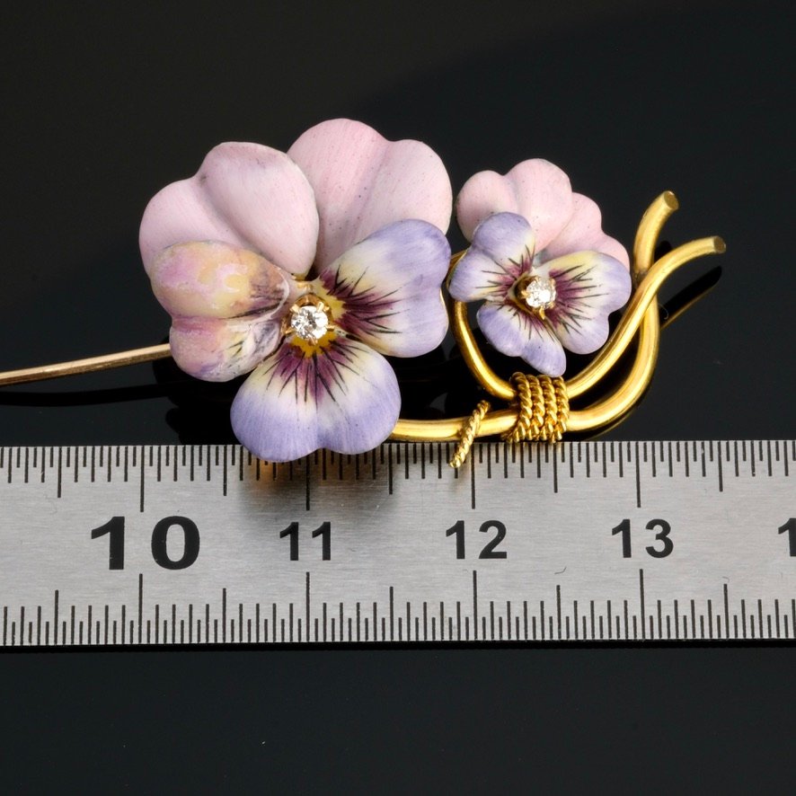 Broche Printani&egrave;re Pens&eacute;es &eacute;mail Diamants Et Or Belle &eacute;poque 1910-photo-5