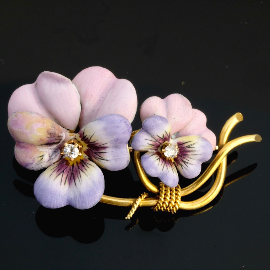 Broche Printani&egrave;re Pens&eacute;es &eacute;mail Diamants Et Or Belle &eacute;poque 1910
