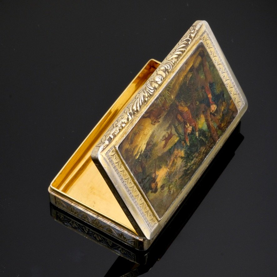 Boite Vermeil, Peinture Sur Nacre, Scène De Chasse Vers 1840-photo-4