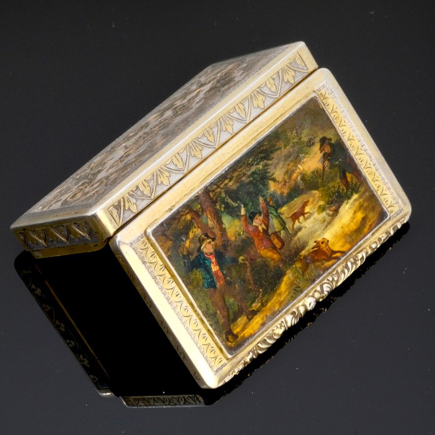 Boite Vermeil, Peinture Sur Nacre, Scène De Chasse Vers 1840-photo-3