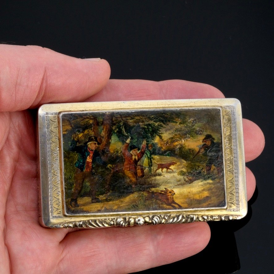 Boite Vermeil, Peinture Sur Nacre, Scène De Chasse Vers 1840-photo-7