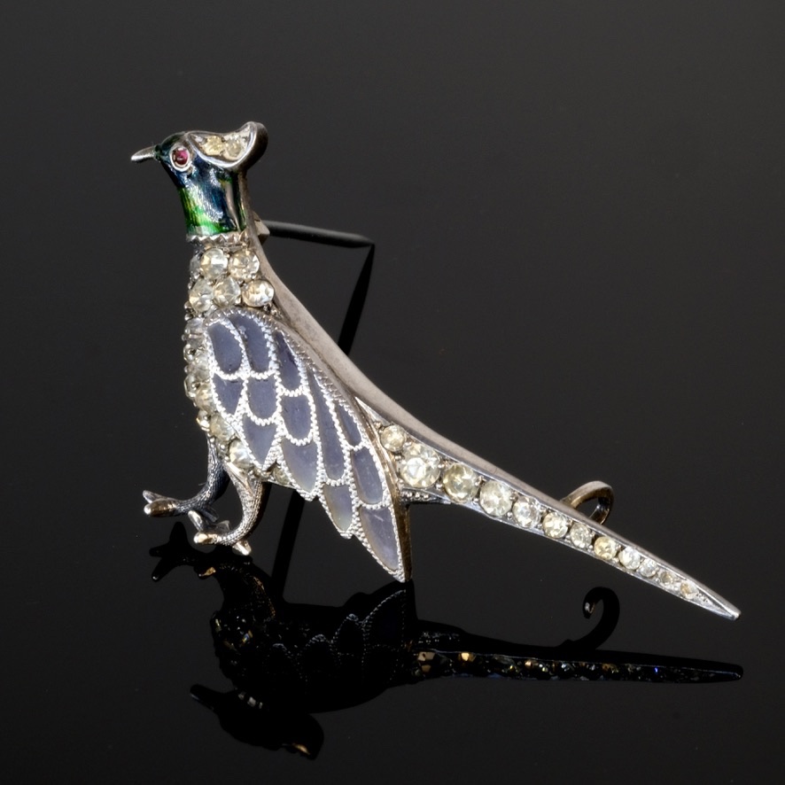 Silver Pheasant Brooch, Plique à Jour Enamel And Crystals, 1920s Period-photo-3