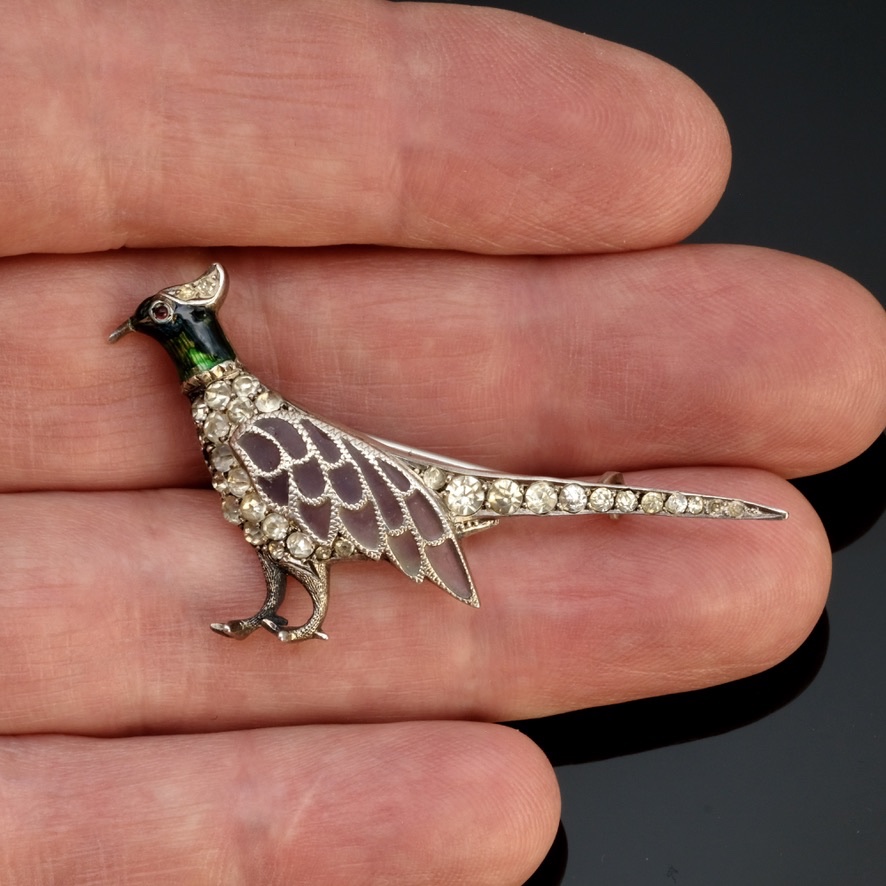 Silver Pheasant Brooch, Plique à Jour Enamel And Crystals, 1920s Period-photo-2