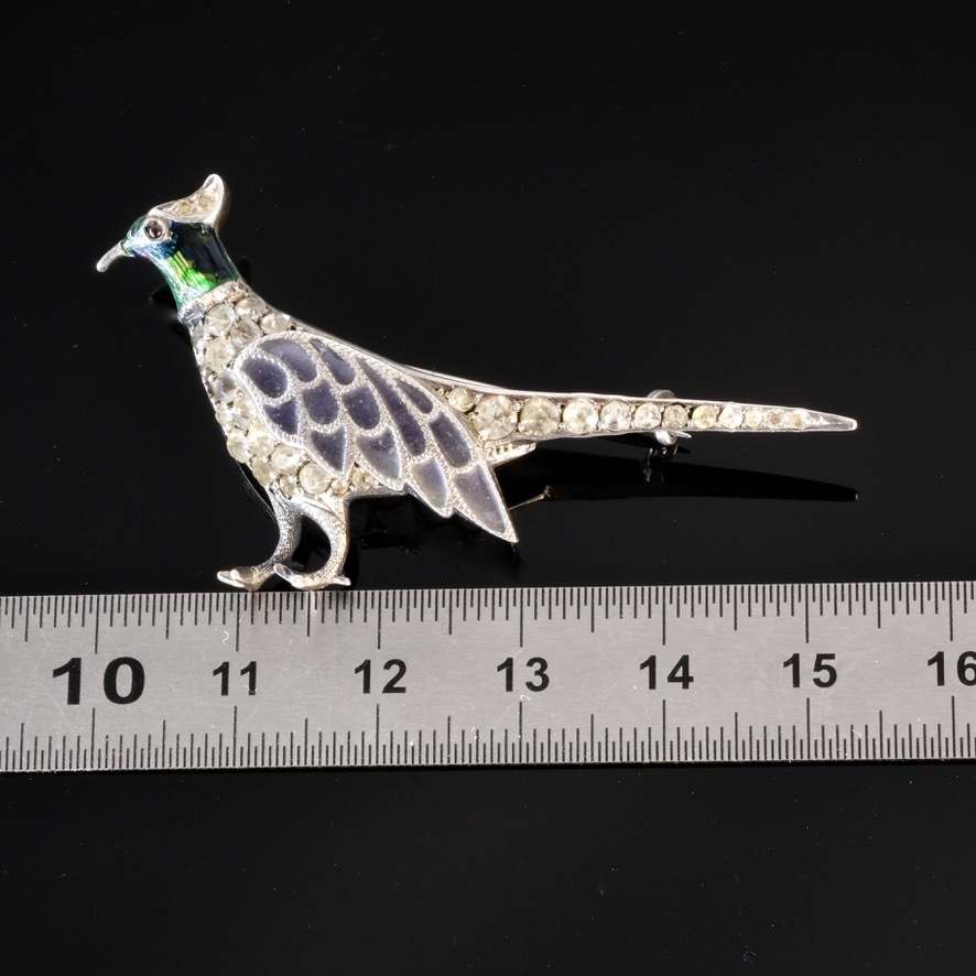 Silver Pheasant Brooch, Plique à Jour Enamel And Crystals, 1920s Period-photo-3