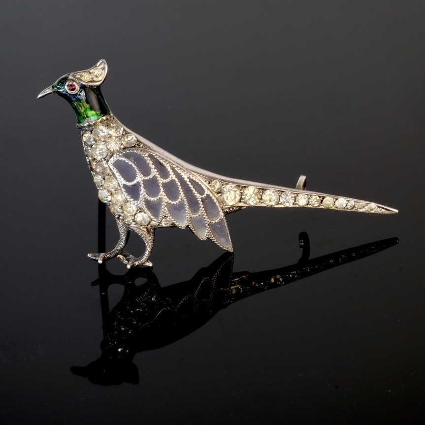 Silver Pheasant Brooch, Plique à Jour Enamel And Crystals, 1920s Period