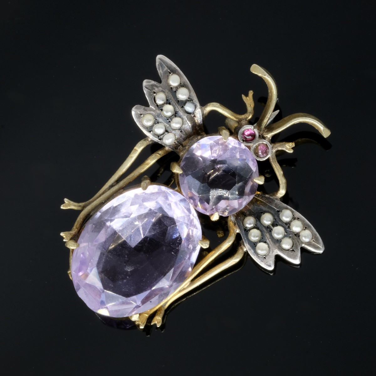 Broche Victorienne Insecte Or, Argent, Amethystes Et Perles-photo-3