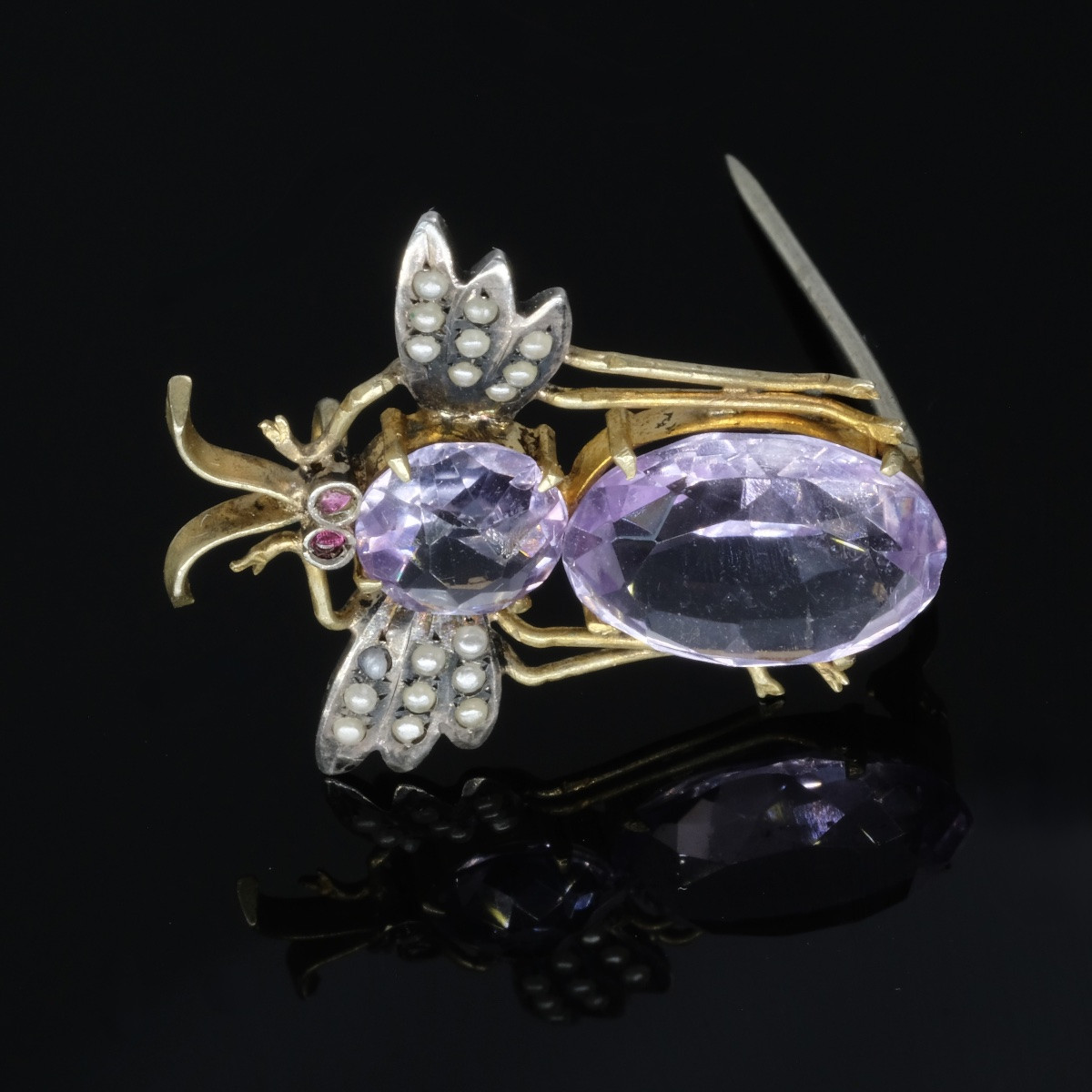 Broche Victorienne Insecte Or, Argent, Amethystes Et Perles-photo-4