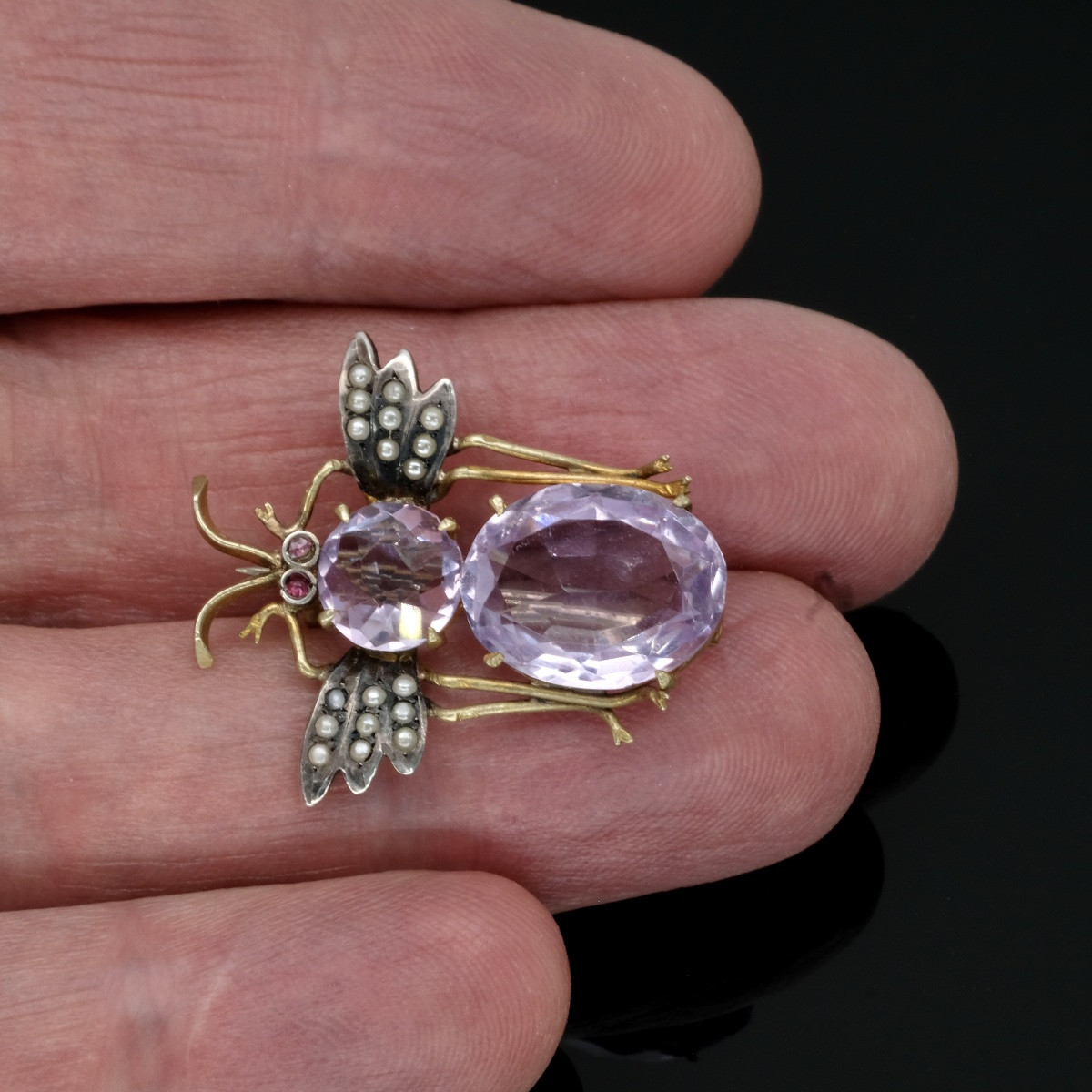 Broche Victorienne Insecte Or, Argent, Amethystes Et Perles-photo-3