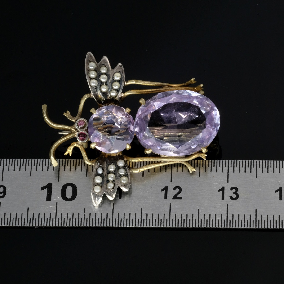 Broche Victorienne Insecte Or, Argent, Amethystes Et Perles-photo-4
