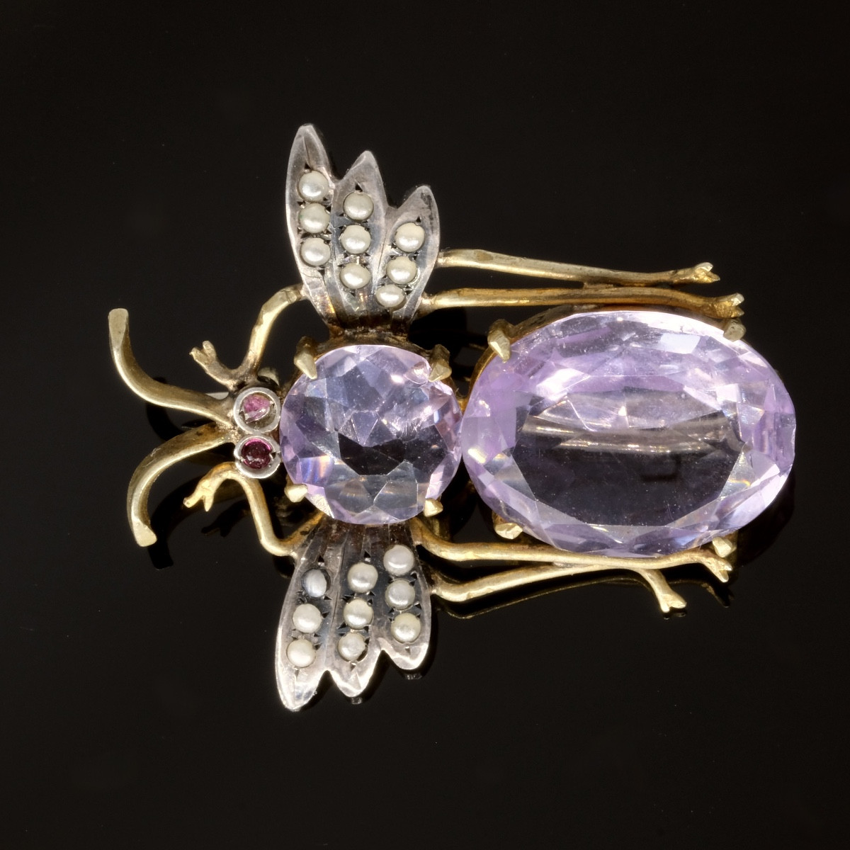 Broche Victorienne Insecte Or, Argent, Amethystes Et Perles