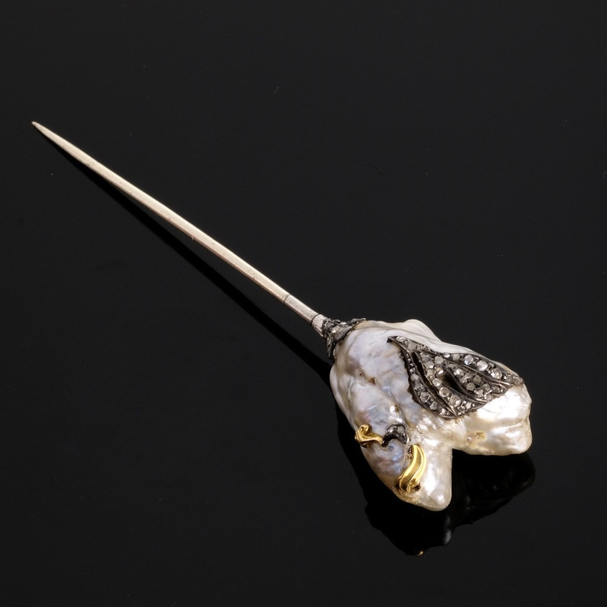 épingle Soufflure De Perle Baroque Argent Or Et Diamants 1900-photo-1