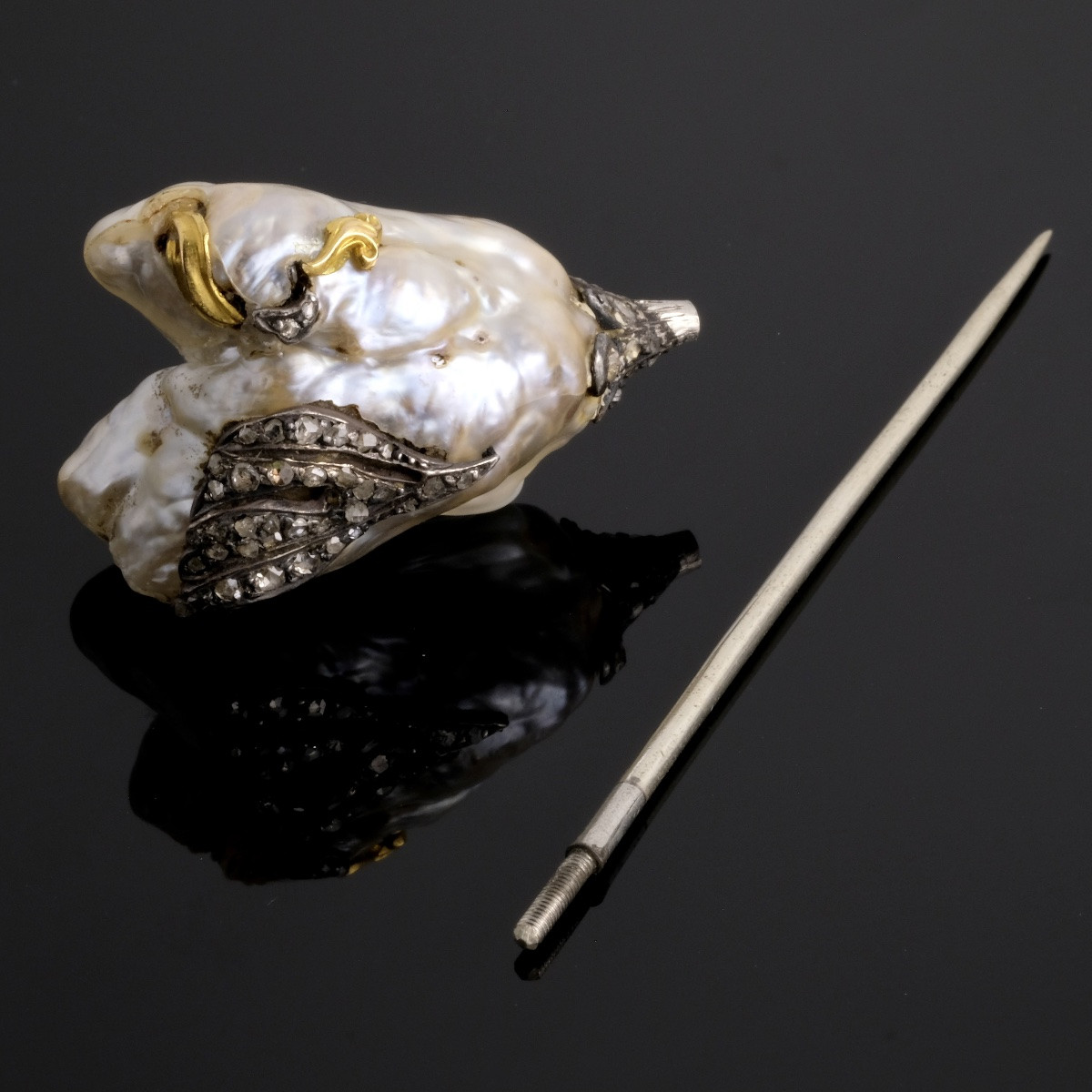 épingle Soufflure De Perle Baroque Argent Or Et Diamants 1900-photo-5