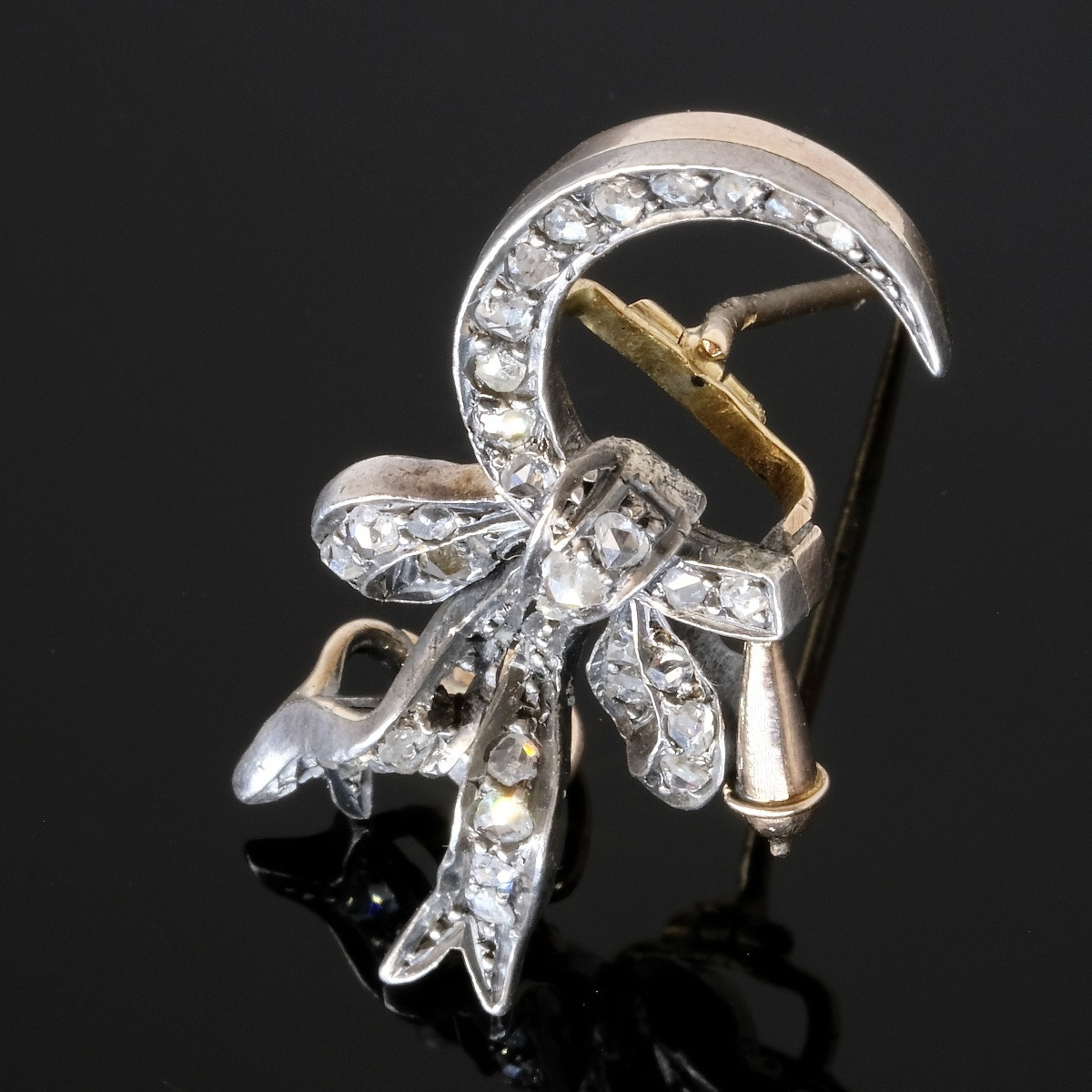 Sickle And Bow Brooch In Gold, Silver And Diamonds, 19th Century-photo-1