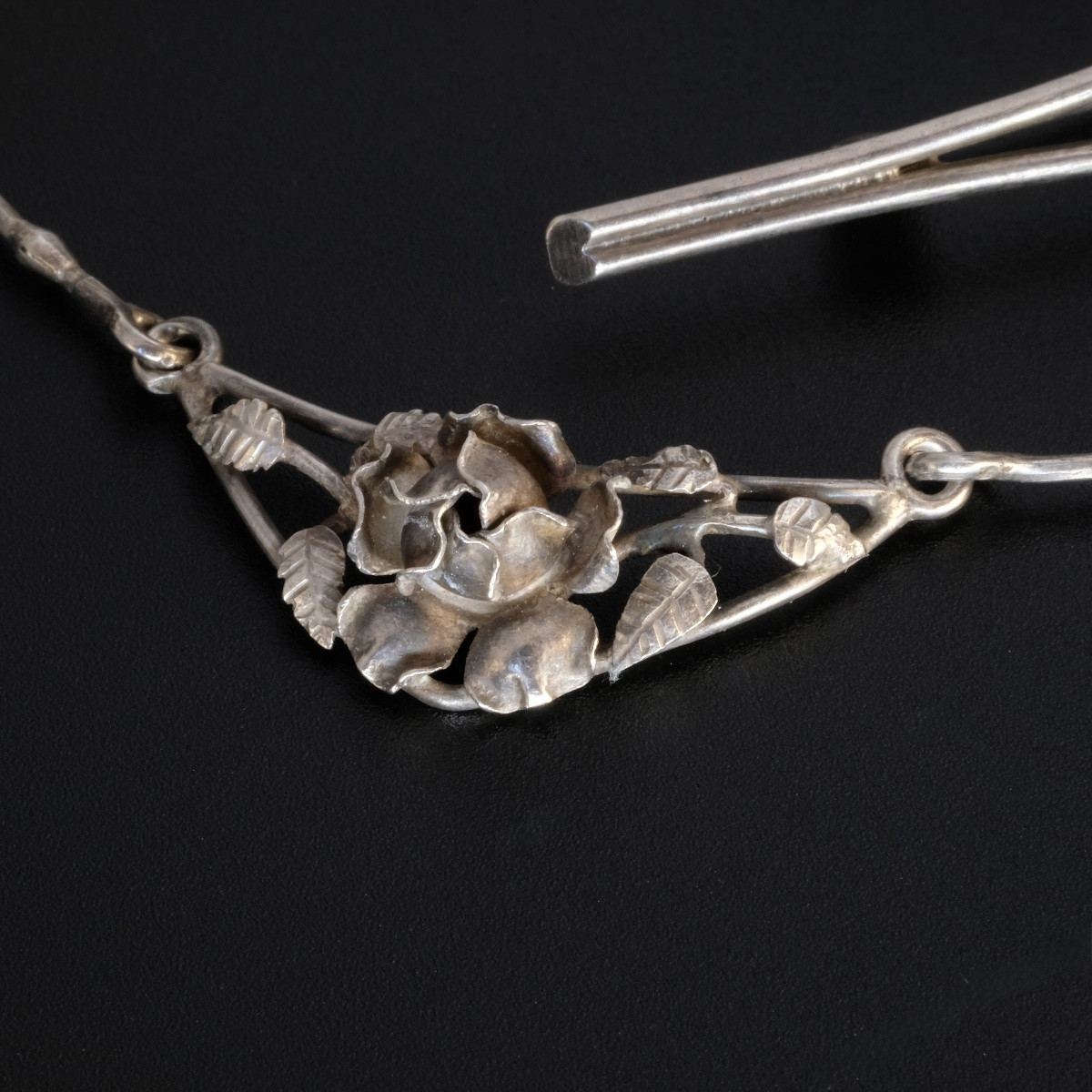 Ensemble 1900 Art Nouveau Argent Collier Et Broche Décor De Rose-photo-4