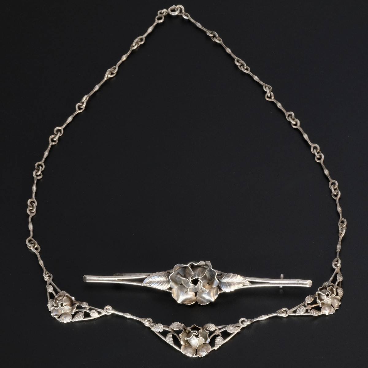 Ensemble 1900 Art Nouveau Argent Collier Et Broche Décor De Rose-photo-3