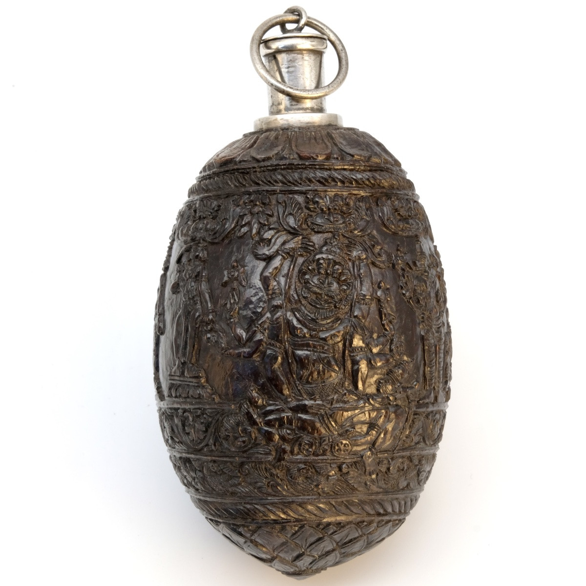 Carved Walnut And Silver Powder Flask, Early 19th Century-photo-3