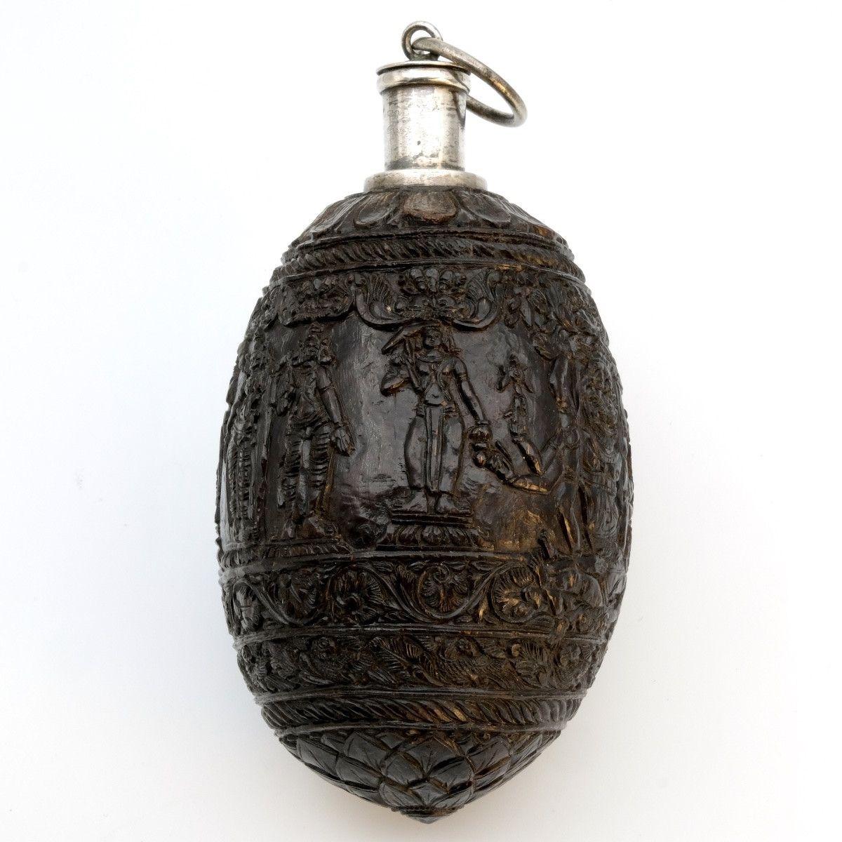 Carved Walnut And Silver Powder Flask, Early 19th Century-photo-2