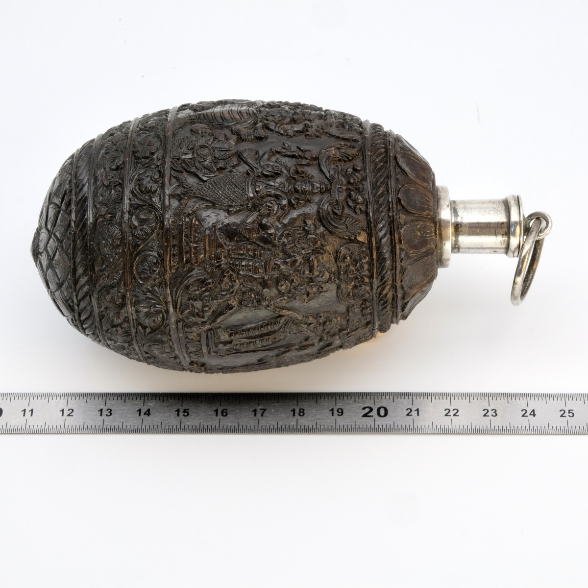 Carved Walnut And Silver Powder Flask, Early 19th Century-photo-6