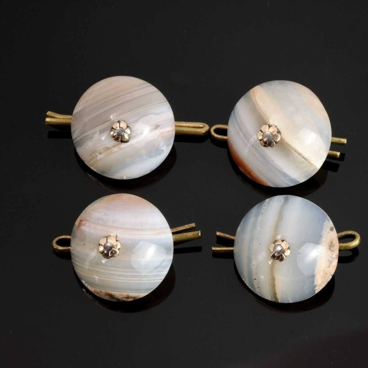 Set Of Seven 18th Century Buttons, Silver And Gold Agate In Their Chagrin Case-photo-1