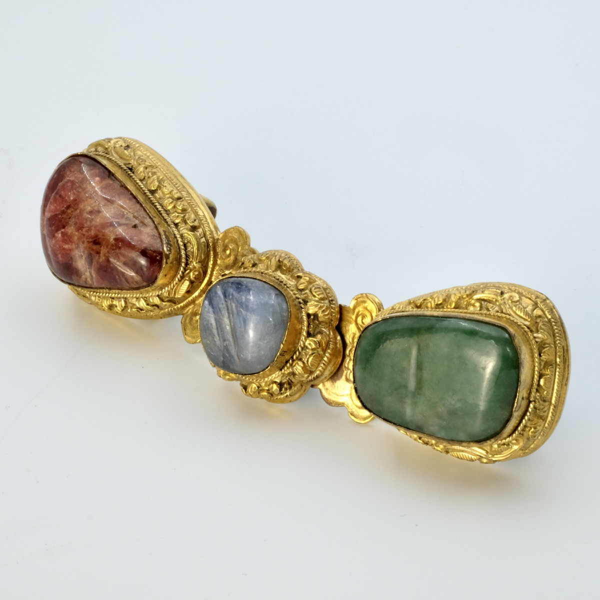 Boucle de ceinture jade, saphir, tourmaline cuivre doré époque Qing-photo-4