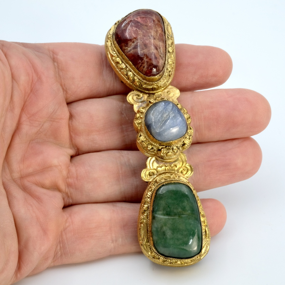 Boucle de ceinture jade, saphir, tourmaline cuivre doré époque Qing-photo-3