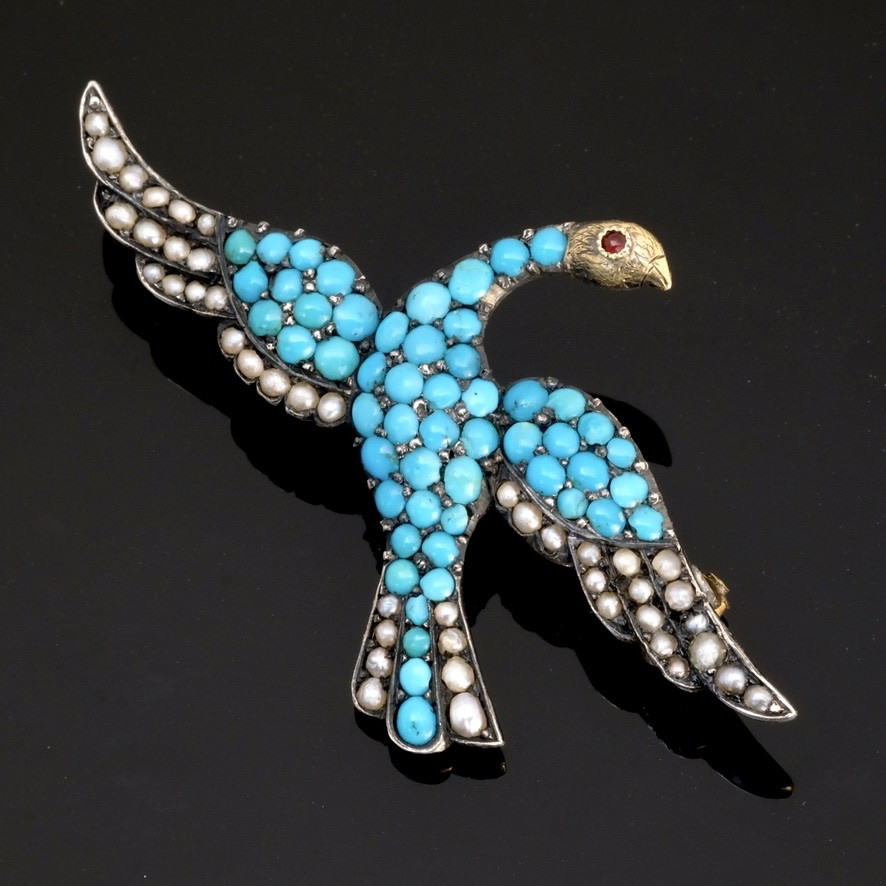 Brooch Bird In Flight Turquoise Pearls Gold And Silver Napoleon III-photo-2
