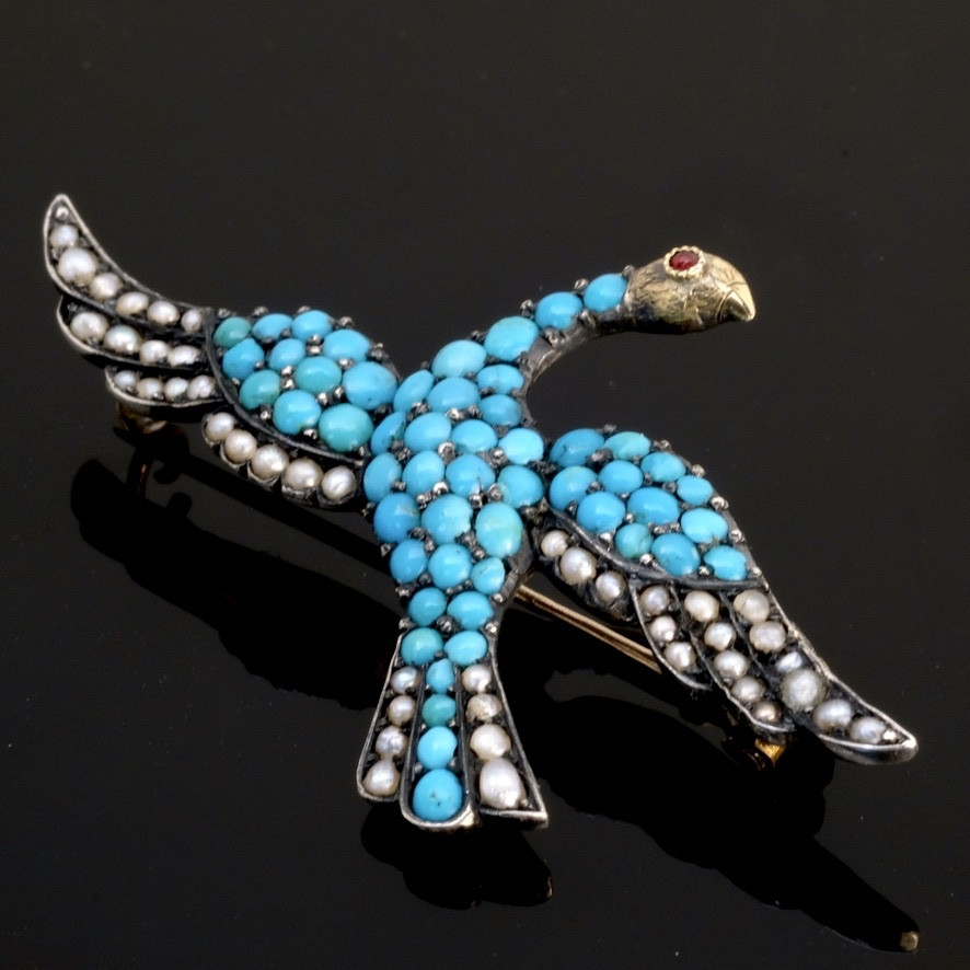 Brooch Bird In Flight Turquoise Pearls Gold And Silver Napoleon III-photo-4