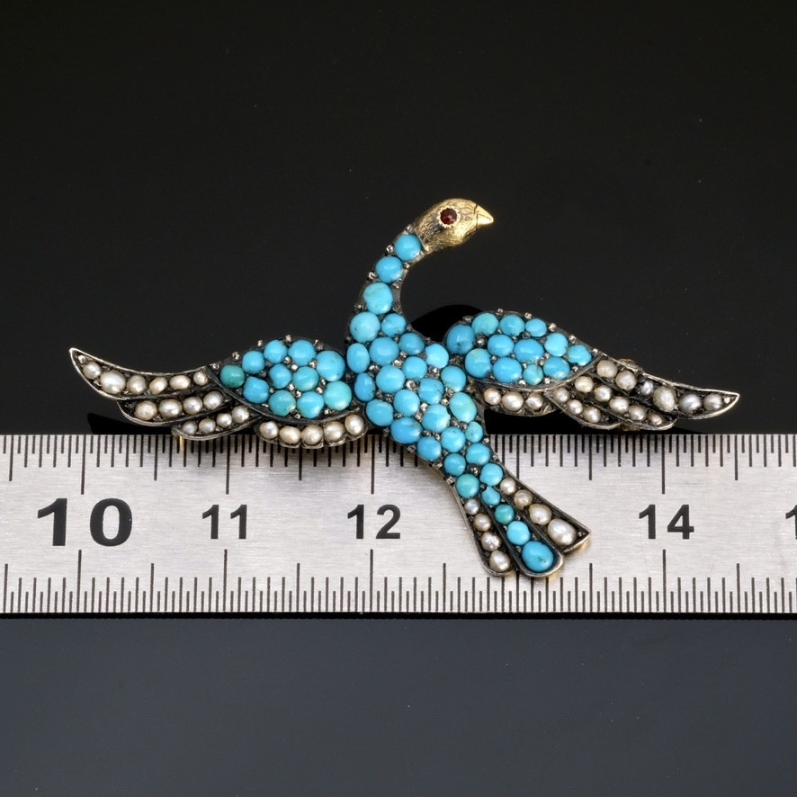 Brooch Bird In Flight Turquoise Pearls Gold And Silver Napoleon III-photo-3
