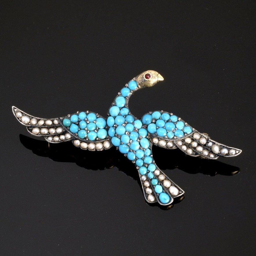 Brooch Bird In Flight Turquoise Pearls Gold And Silver Napoleon III