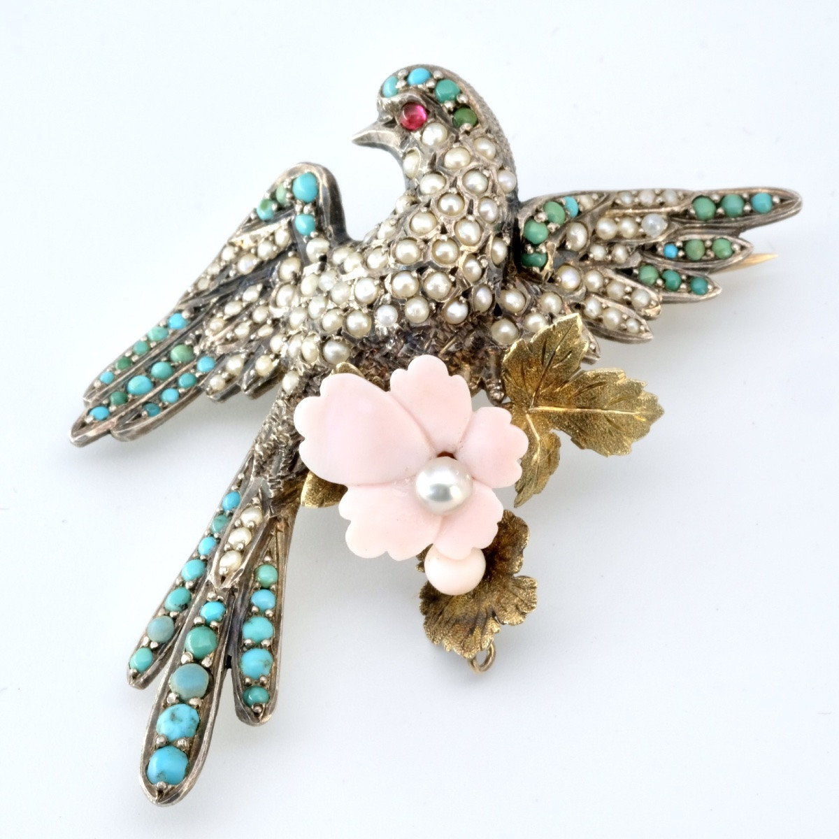 19th Century Bird Of Paradise  Brooch With Pearls, Gold And Silver Turquoise In Case-photo-2