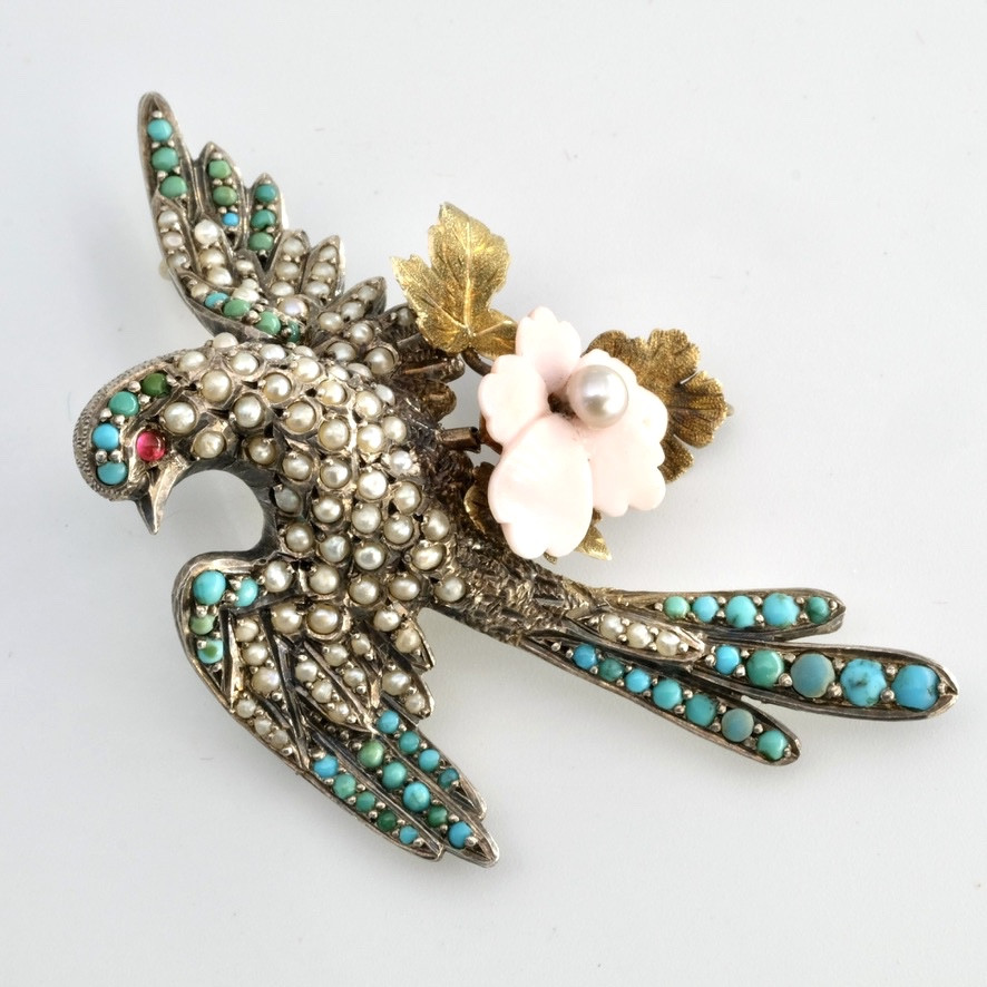 19th Century Bird Of Paradise  Brooch With Pearls, Gold And Silver Turquoise In Case-photo-4