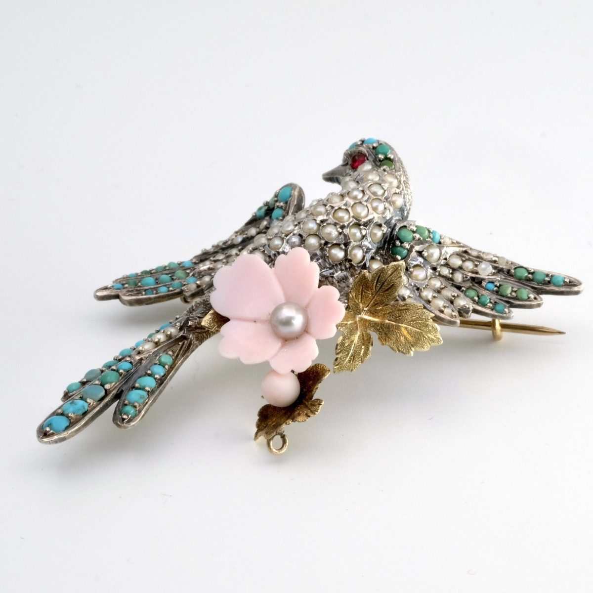 19th Century Bird Of Paradise  Brooch With Pearls, Gold And Silver Turquoise In Case-photo-1