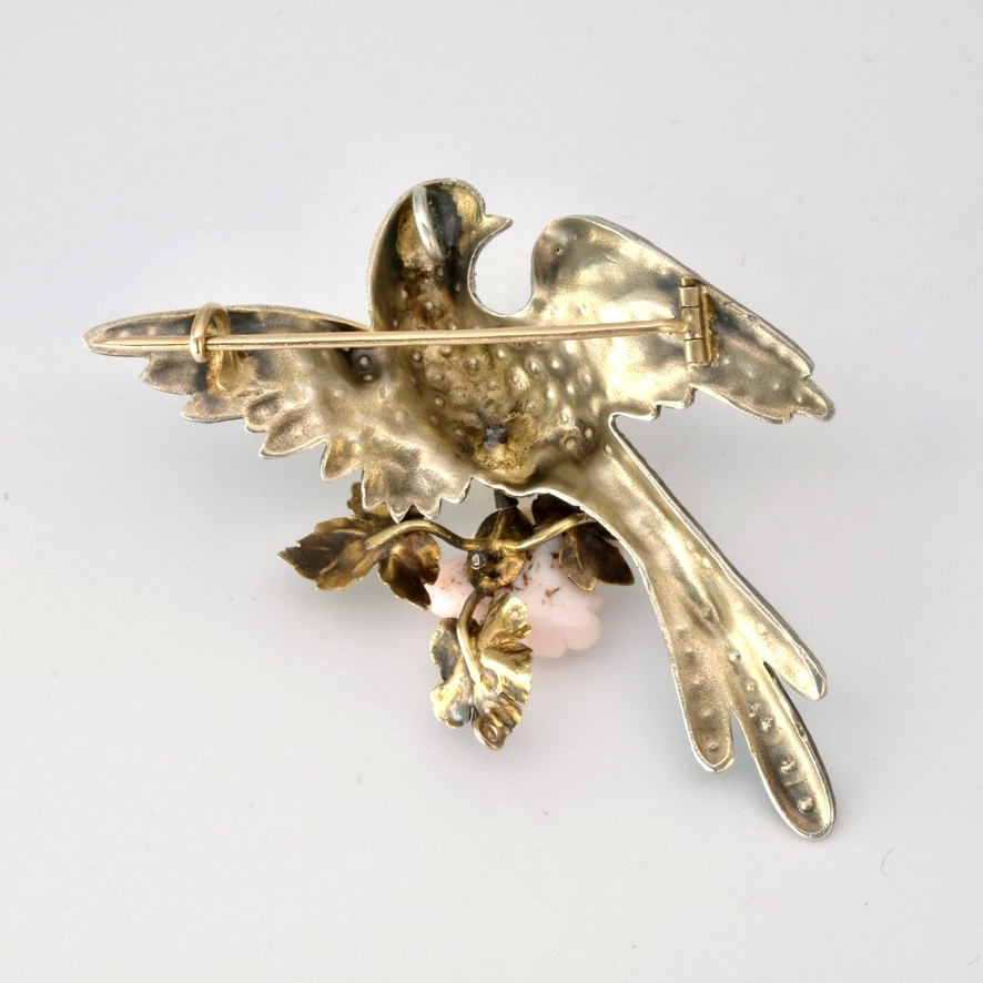 19th Century Bird Of Paradise  Brooch With Pearls, Gold And Silver Turquoise In Case-photo-2